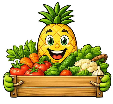 Maskotka Ananas trzymająca box ratunkowy z warzywami